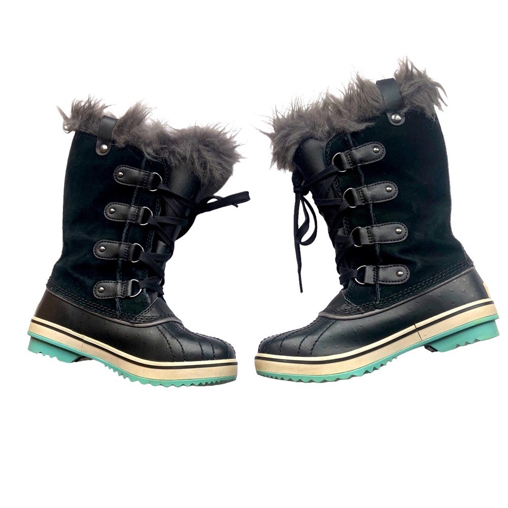 Sorel Girl’s Snow size 2/suede/ fur/waterproof/ black with aqua acc…